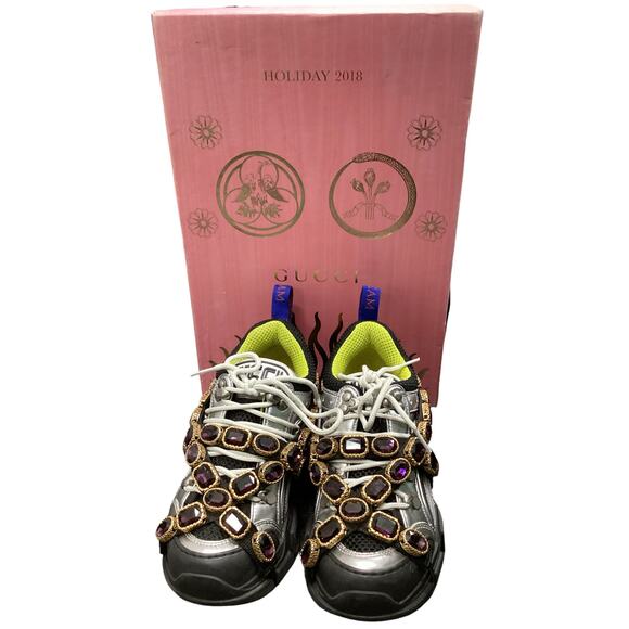 Gucci Shoes Women’s SZ 4 Flash Trek (34) With Removable Strap Of Crystals Silver - Picture 1 of 11